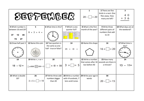 Question a Day Calendar (Maths) - September KS1