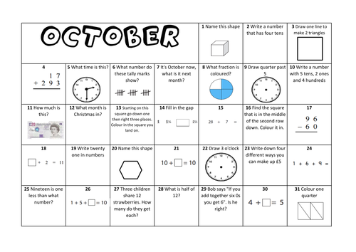 Question a Day Calendar (Maths) - October KS1