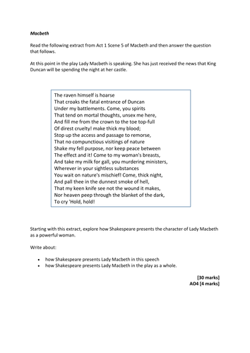 5 Macbeth GCSE Exam Questions for Paper 1 AQA New Spec