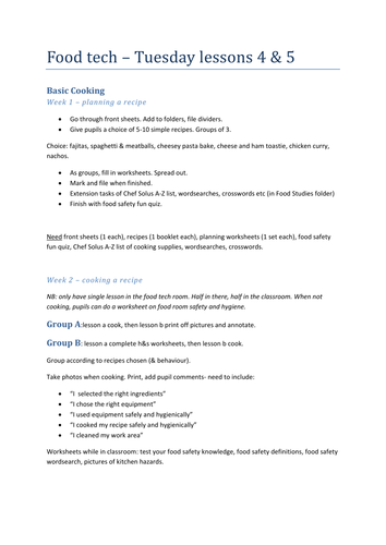 Entry Pathways- Food Studies- Basic Cooking worksheets