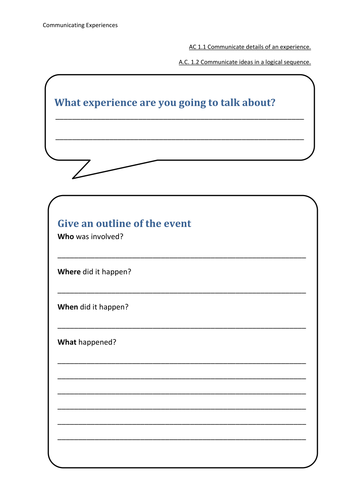 Entry Pathways- Communicating Experiences whole topic worksheets