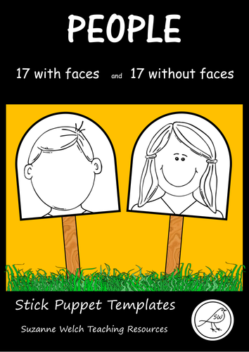 Stick Puppet Templates - People heads - 17 faces and 17 blank faces