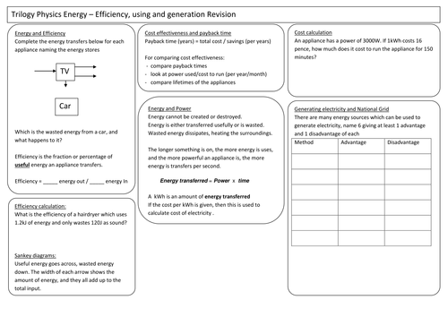 AQA Trilogy Revision placemat for energy