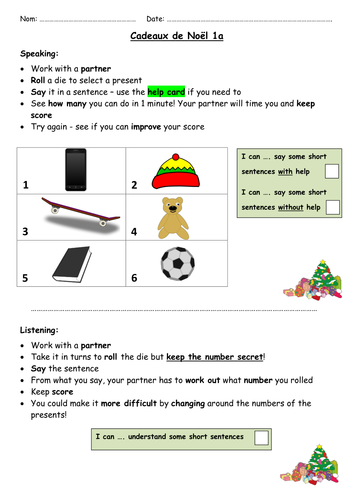 Cadeaux de Noel 1 - Christmas worksheets with self-assessment and differentiation