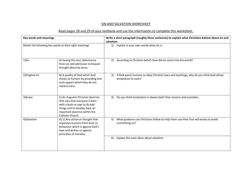 Sin and Salvation worksheet