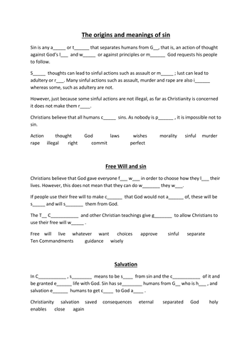The origins and meaning of sin differentiated worksheet