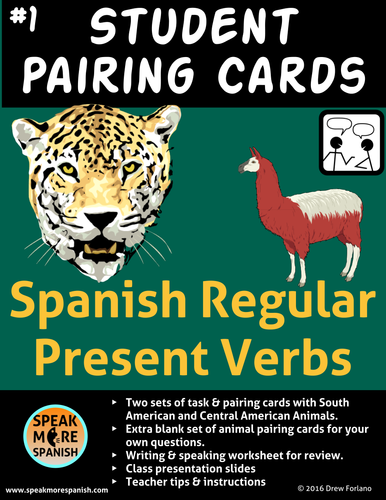 Spanish Task Cards for Regular Present Tense Verbs * Verbos del Presente Regular * Animales