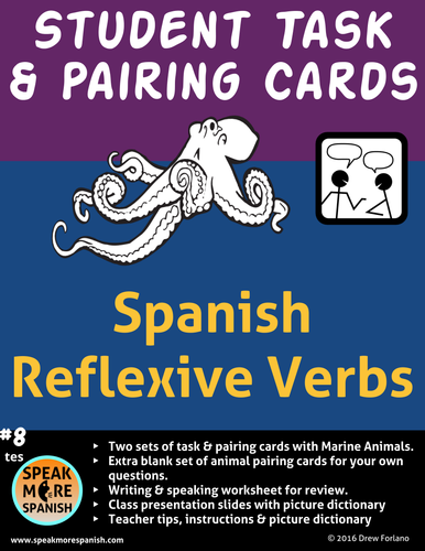 Spanish Task Cards for Reflexive Verbs * Verbos Reflexivos * Animales del Mar