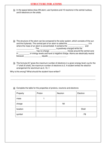 STRUCTURE OF ATOMS WORKSHEET WITH ANSWERS | Teaching Resources