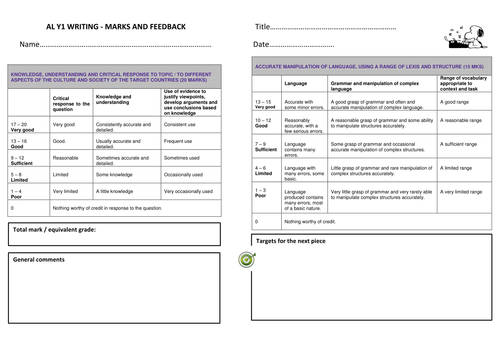 Al Y1 Writing Marks and Feedback Cover Sheet (AQA)