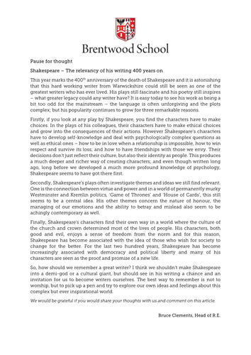 Shakespeare – The relevancy of his writing 400 years on