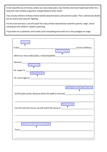 Resource/writing frame for low ability pupils - for use with my prologue lesson plan