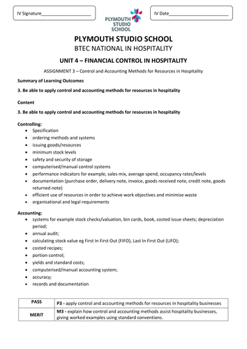 BTEC Level 3 Hospitality, Unit 4 assignment briefs