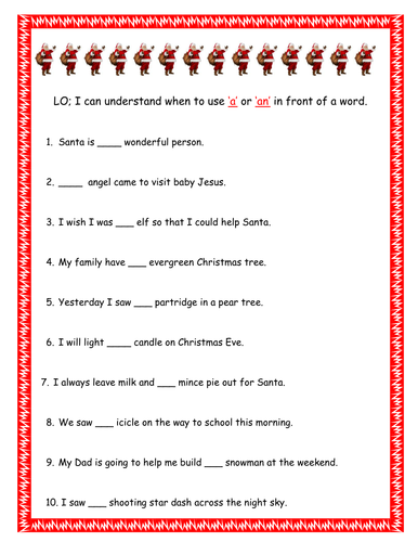 When to use 'a' or 'an' in front of a word Year 3 christmas theme