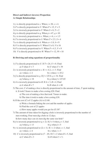 Direct and Indirect Proportion Practice Worksheet