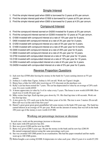 Worksheet to practise Simple and Compound interest, and reverse proportion by silvestertim 