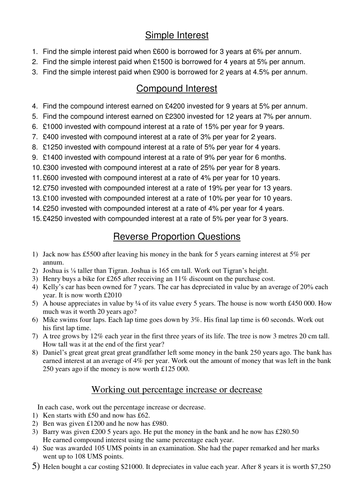 Worksheet To Practise Simple And Compound Interest And Reverse Proportion Teaching Resources