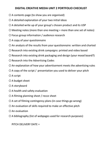BTEC DIGITAL CREATIVE MEDIA UNIT 2 PORTFOLIO CHECKLIST FOR STUDENTS