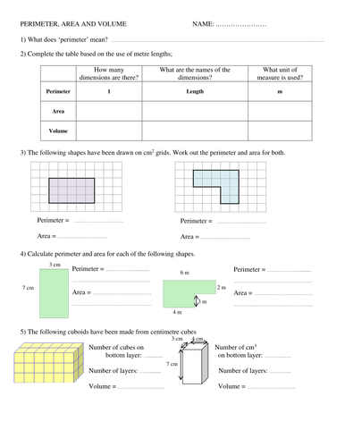 Perimeter, Area and Volume Practice