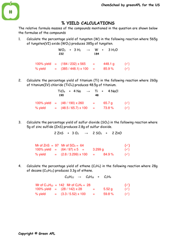 percent yield formula chemistry