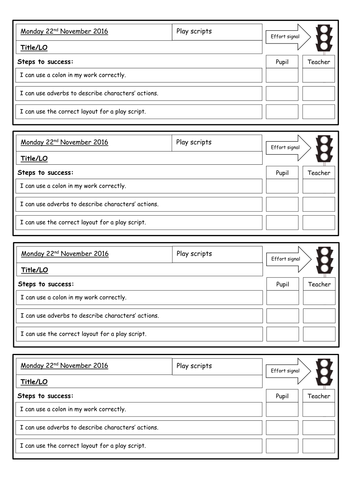 Marking forms for KS2 pupils - Self-assessment form - steps to success with traffic lights