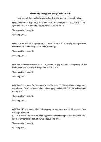 Electric Charge, Work, Voltage and Current calculations.