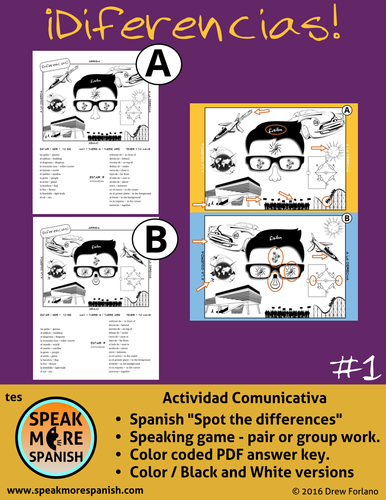 Diferencias * Juego de Comunicación en Español *Spanish Prepositions Game * Spot the Difference!