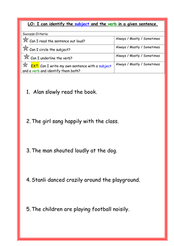 Identifying the subject and the verb in a given sentence KS1 / LKS2