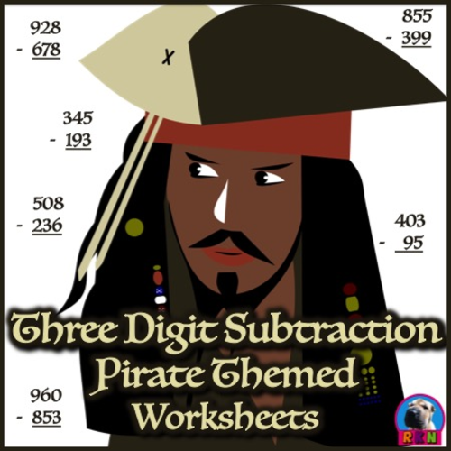 Three Digit Subtraction Worksheets Pirate Themed Vertical