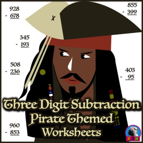 Three Digit Subtraction Worksheets - Pirate Themed - Vertical