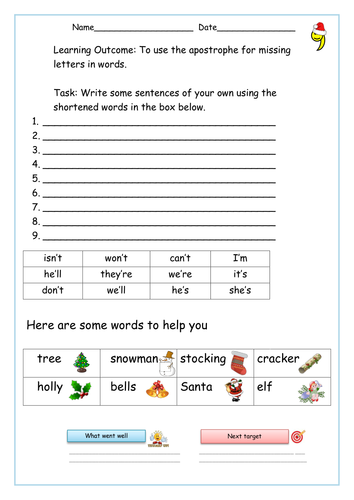 Christmas Themed Apostrophe for Omission Worksheet