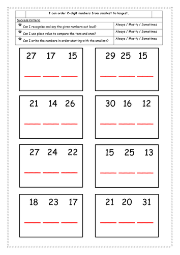 Ordering 2-digit / 1-digit numbers smallest to largest, differentiated worksheet Rec / Year 1