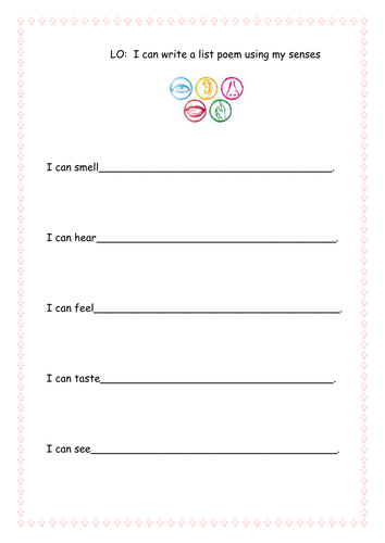 Differentiated worksheet on writing a List Poem using the 5 senses