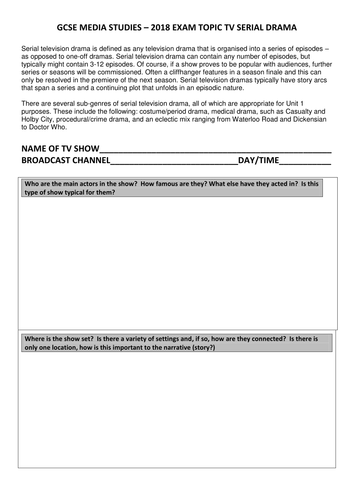 AQA GCSE Media Studies TV Serial Drama Unit 1 Exam 2018 - generic case study worksheet