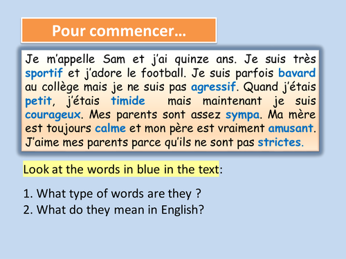 'Adjectifs et personalite' with Summary sheet.