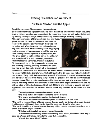 Sir Isaac Newton and the Apple- Worksheet