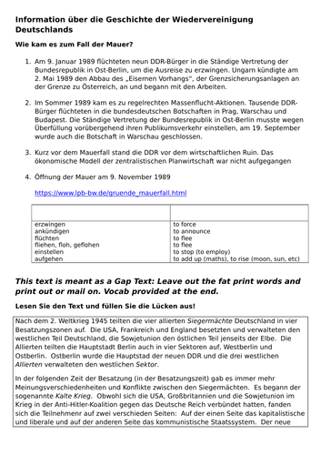 Year 13 German Preparation for Oral  Topic Wiedervereinigung for AQA (revised)