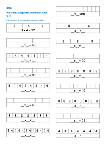 worksheet table 5 multiplication Bars 4x by table and 8x times 3x and models  2x 5x