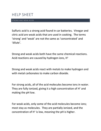 Strong and Weak Acids Helpsheet