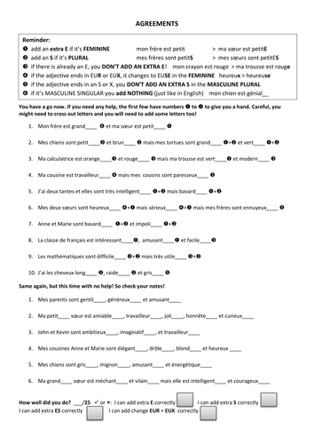 French adjectives and agreements for Yr7