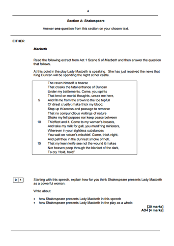 AQA English Literature Paper 1 - Macbeth - Revision How to Respond to an Exam Question - 1 x Lesson