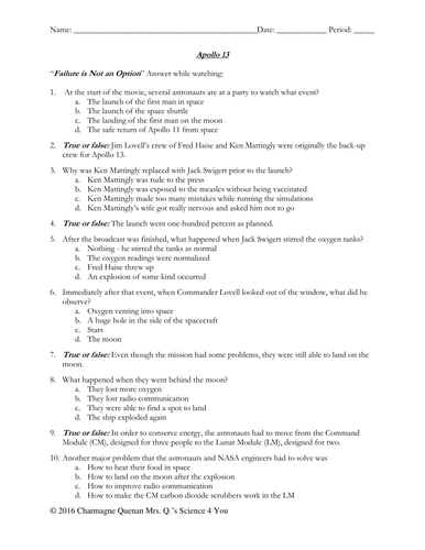 Apollo 13 Movie Worksheets Teaching Resources