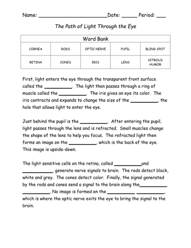 Path of Light Through the Eye Cloze Paragraph