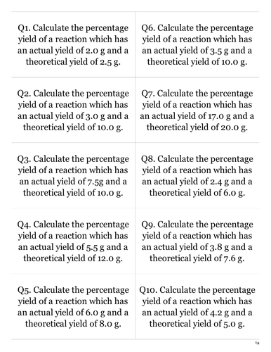 GCSE Chemistry  Percentage Yield TURNOVER CARDS