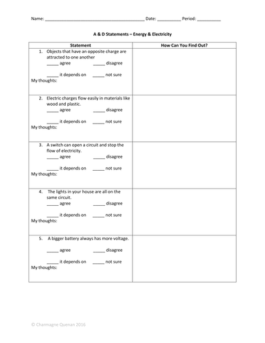 Agree/Disagree Statements - Electricity Formative Assessment