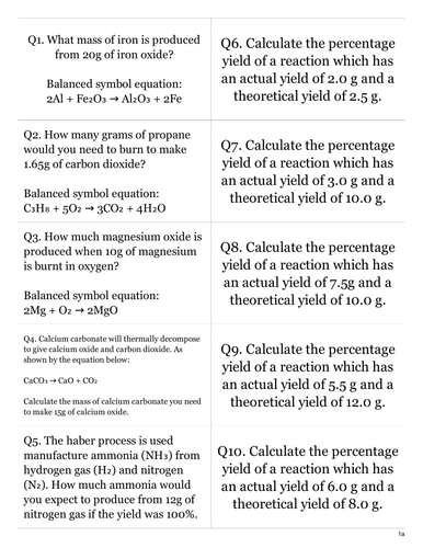 GCSE Chemistry Reacting mass and percentage yield TURNOVER CARDS