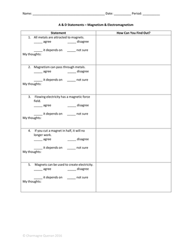 Agree/Disagree Statement - Magnetism Formative Assessment