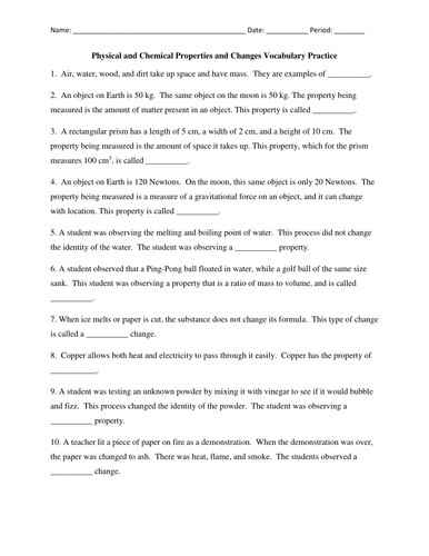 Physical and Chemical Property and Change Vocabulary Practice