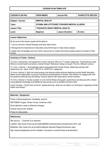 Stigma And Mental Health Lesson Plan By Paulbold Teaching Resources Tes
