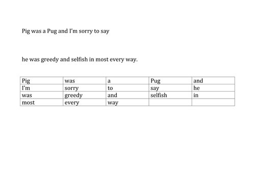 Matching words to sentences using the picture story book Pig the Pug